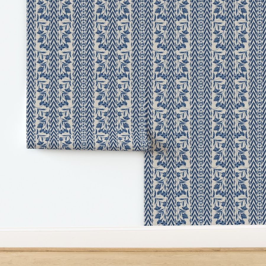 Floral Stripes (Blue) - Small Scale Wallpaper | Spoonflower added by Grace Mammen