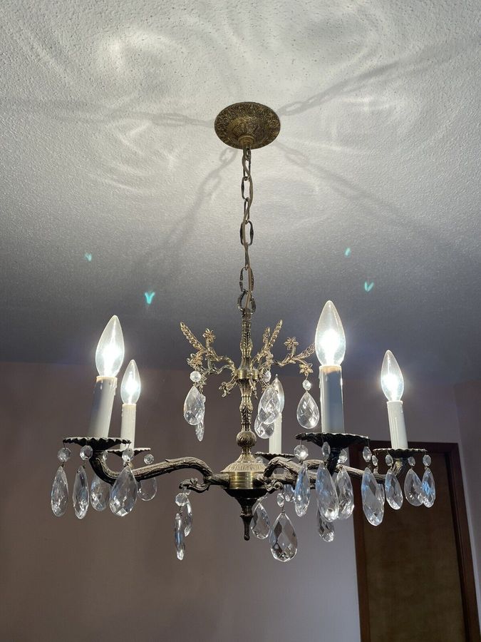 Large Vintage 5 Light Cast Solid Brass Chandelier w/ 30 Crystals added by Kate Lynn Nemett