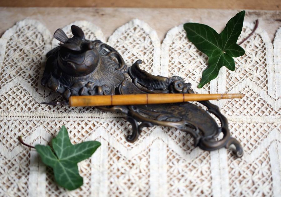 Antique French Rococo Bronze Finish Spelter InkWell Writing Desk Tray Bird added by Spoak Member
