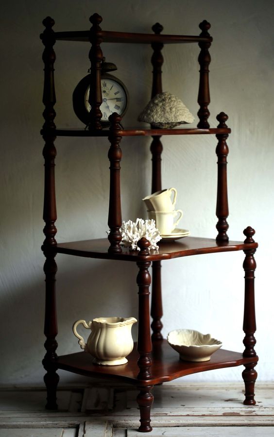 Vintage French Waterfall Bookcase Turned Spindle Shelving Furniture Wooden 4 Tier Mahogany Display Shelves added by Spoak Member