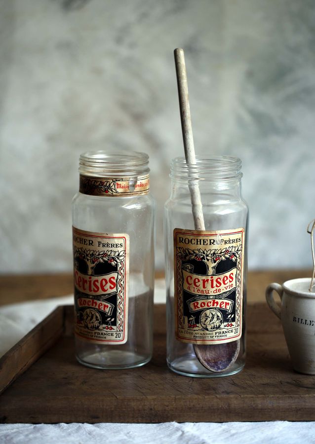 2 Antique Glass Jars Cherry Brandy Bottles Kitchen Food Storage Canisters Original Rocher Freres Labels Vintage Barware added by Spoak Member