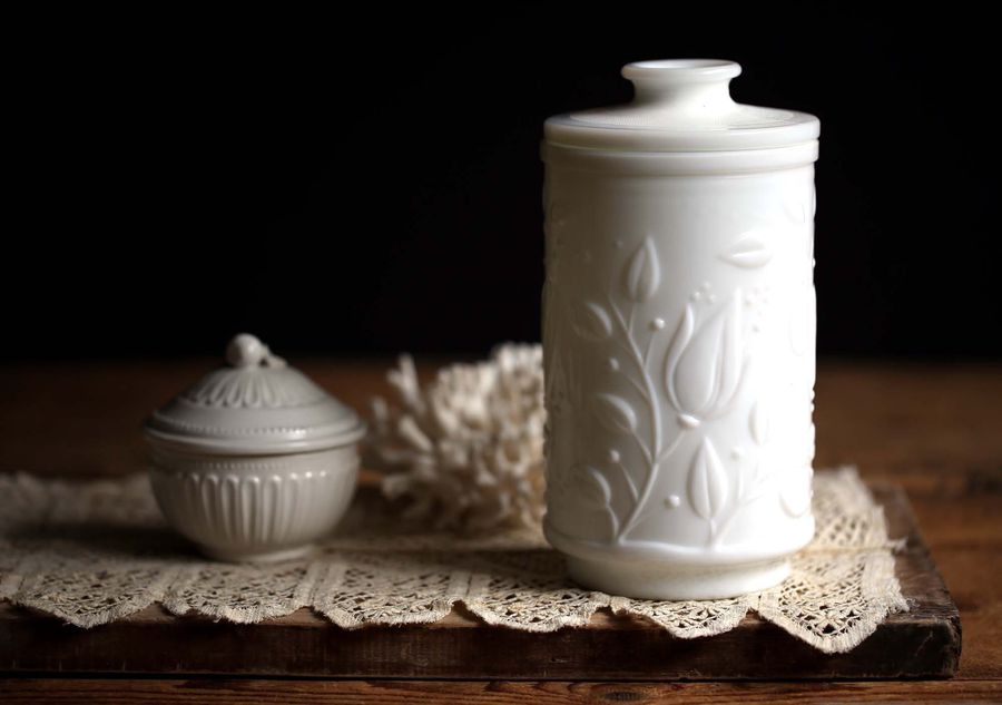 French Vintage White Milk Opal Glass Storage Jar Canister for Kitchen Bathroom or Dressing Table Opaline Pot Verre Opale added by Spoak Member