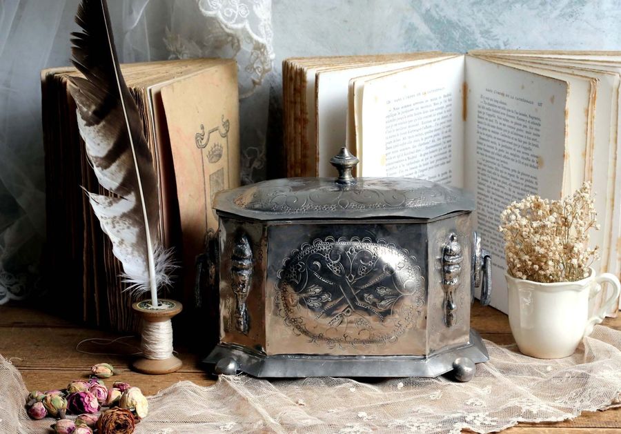 Antique Moroccan Silver Plate Tea Caddy Bronze Storage Box Vintage Metal Container added by Spoak Member