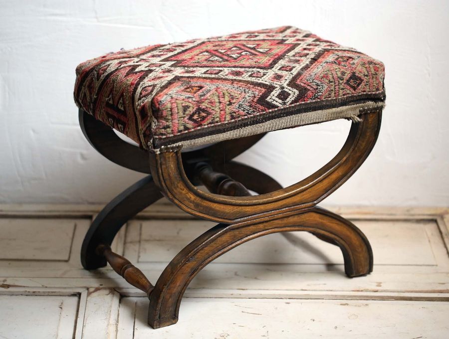 Antique Kilim Covered Stool Wooden Foot Stool Padded Footstool Carpet Fabric added by Spoak Member