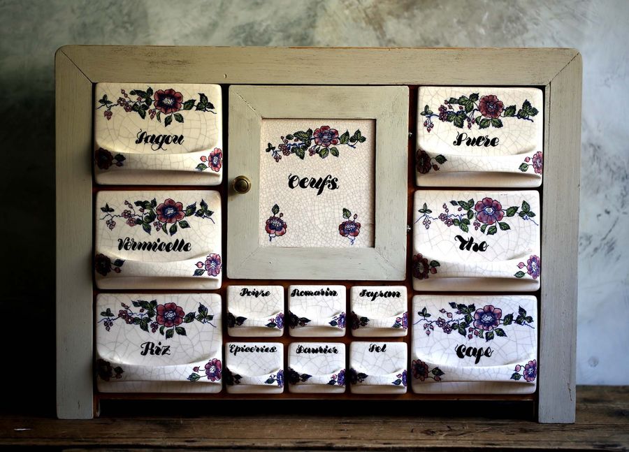 Antique Delt Spice Cabinet Set of Ceramic Drawers Wooden Egg Rack French added by Spoak Member