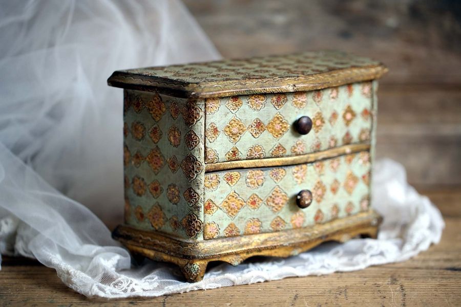 Antique Florentine Trinket Box Blue & Gold Miniature Chest of Drawers Storage Jewelry Box added by Spoak Member
