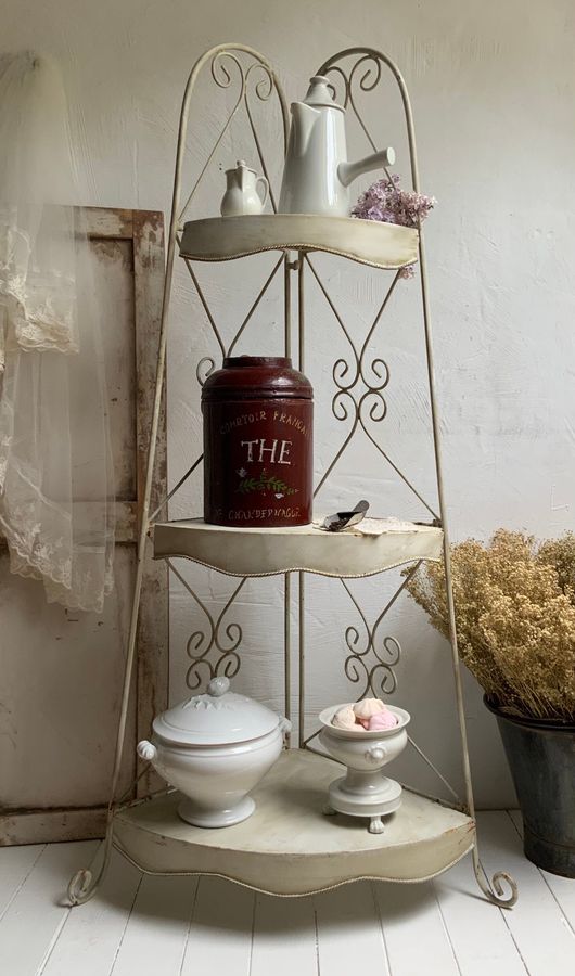 Large Antique French Bakers Rack Corner Unit Shop Shelves Display Beige Grey Wire Plant Stand Kitchen Storage added by Spoak Member