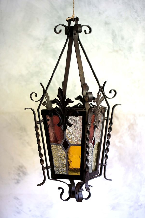 Antique Stained Glass Porch Light Lantern Gothic Light Shade Wrought Iron Storm Lantern Candle holder added by Spoak Member