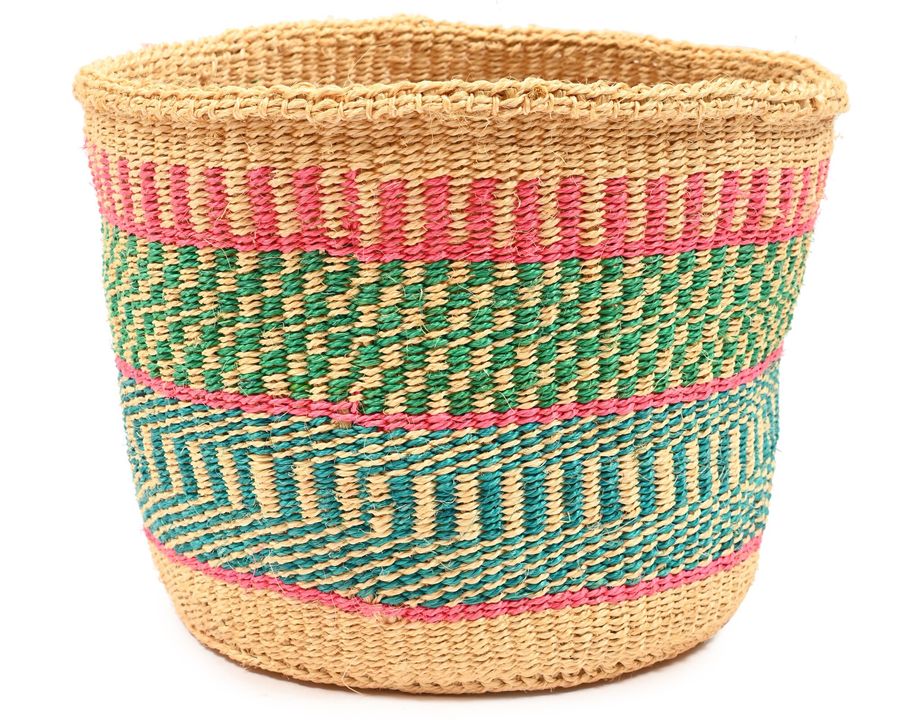 Medium Pink, Green and Turquoise Patterned Planter | Ethical African Sisal Storage Basket added by Spoak Member