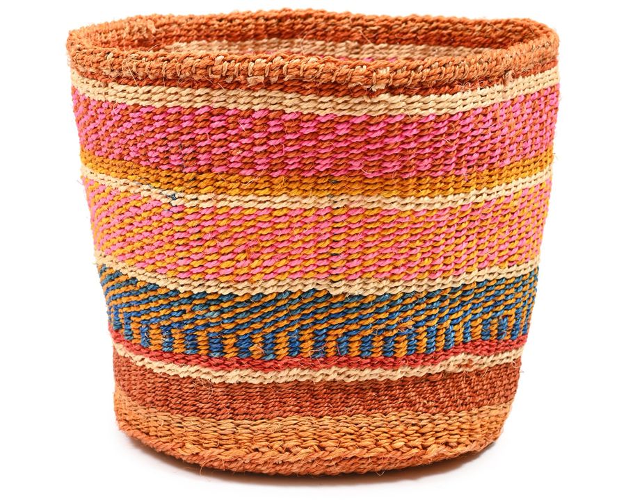 Medium Pink, Blue and Gold Patterned Planter | Ethical African Sisal Storage Basket added by Spoak Member