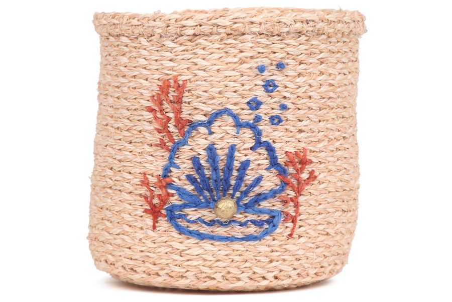 SHELL | Clamshell & Coral Embroidered Woven Storage Basket with Beaded Pearl. Colourful Round Sisal Basket added by Spoak Member