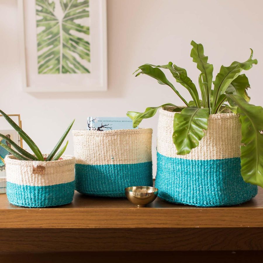 LAZIMA | Turquoise Colour Block Woven Basket. Round Handwoven Sisal Basket. added by Spoak Member