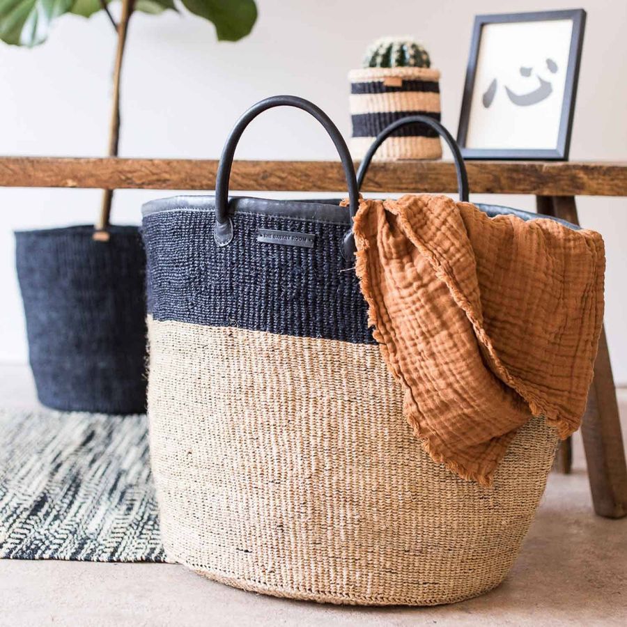 KUNDI | Natural and Black Colour Block Woven Laundry Basket. Sisal and Leather Washing Basket. Linen Basket. added by Spoak Member