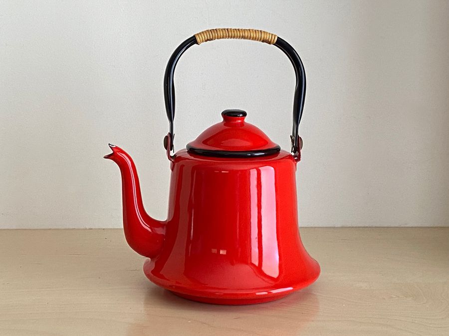 Bright Red Japanese Enamel Teapot Tea Kettle | Mid Century Japan added by Spoak Member