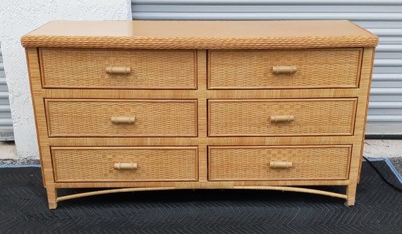 Vintage Mid Century Wicker Rattan 6 Drawer Long Dresser Wood | Etsy added by erika grossman