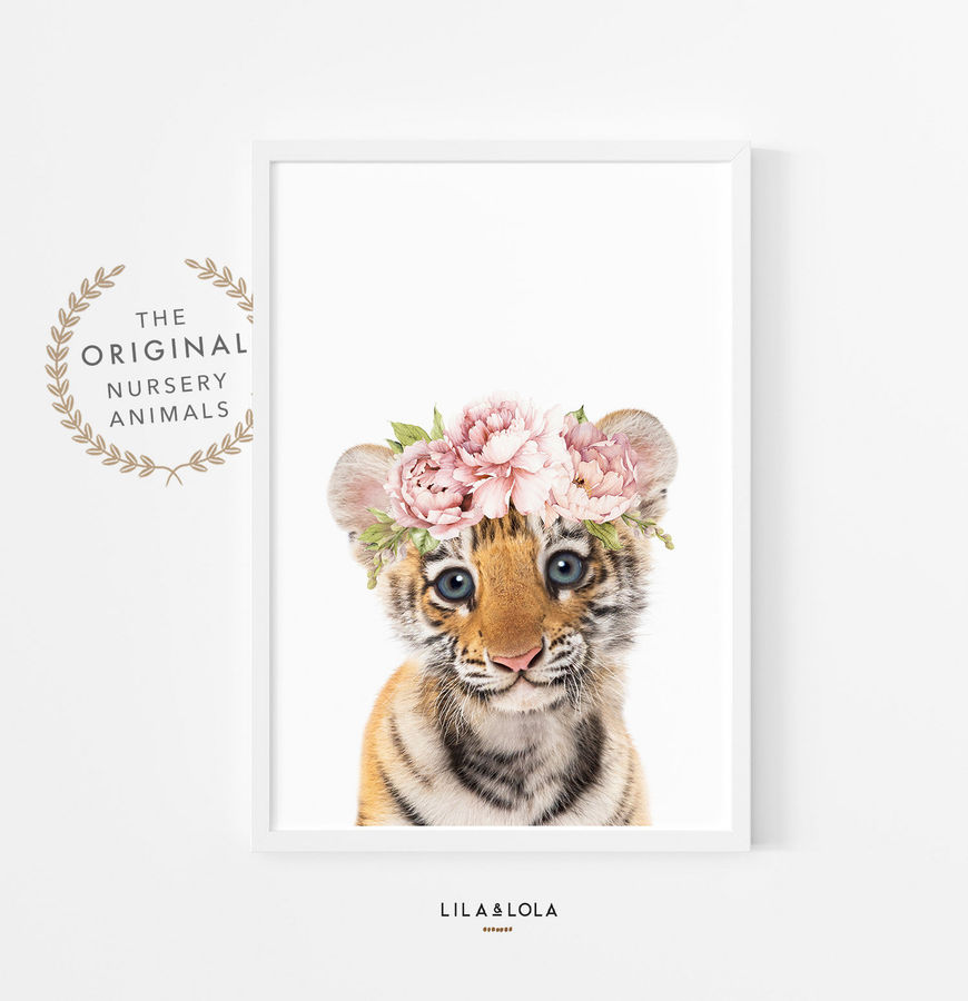 Baby Tiger Wall Art Print, Nursery Animal, Safari Decor, Printable Poster, Pink Watercolor Roses, Girls Floral Bedroom Poster added by Spoak Member
