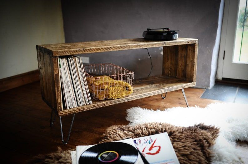 Vinyl Storage Record Player Stand on Hairpin legs Media Console Cabinet Table Mid Century Storage Organiser TV Stand Reclaimed Wood Vintage added by Spoak Member