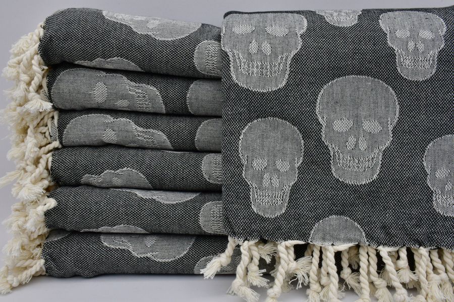 Decorative Towel,Black Towel,Turkish Towel,Turkish Peshtemal,Wholesale Towel,40"x69",Beach Towel,Bath Towel,Skull Pattern Towel,B1-Kurukafa added by Spoak Member