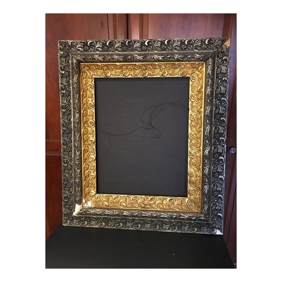 Extra large gold silver ornate wood frame,gallery wall,no glass,gold gilt gesso,31x27,hollywood regency,distressed,chippy,elegant added by Spoak Member