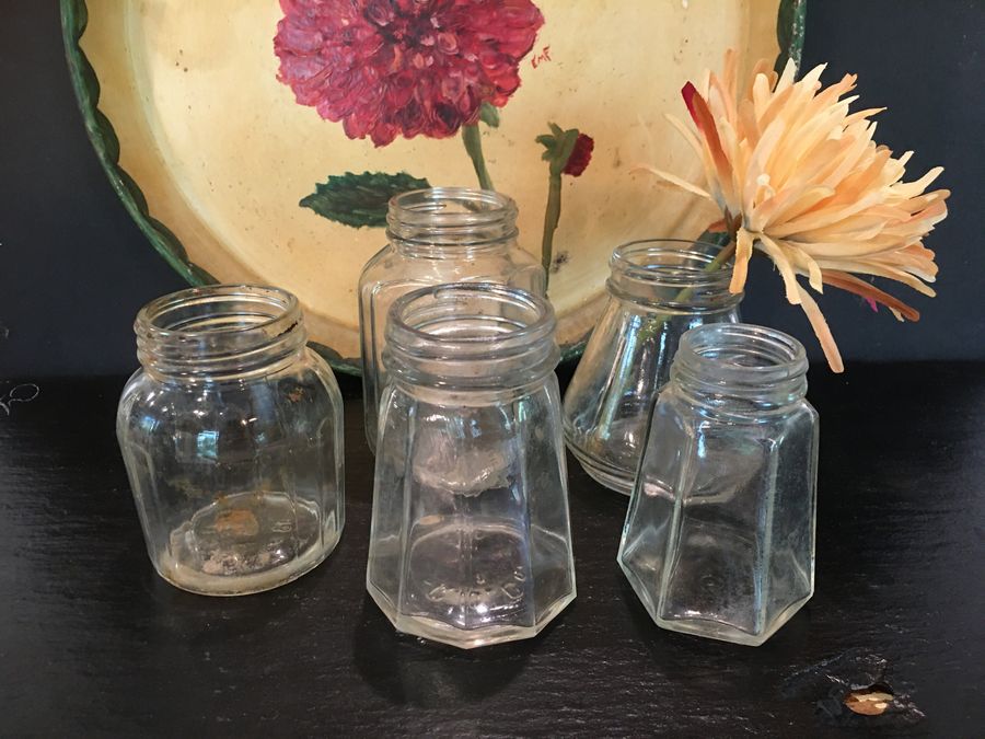 Old condiment jars,clear glass,set of 5,short,old bottles,salt,pepper,sugar,3” tall, diner decor,antique bottles,no lids,flower vase added by Spoak Member