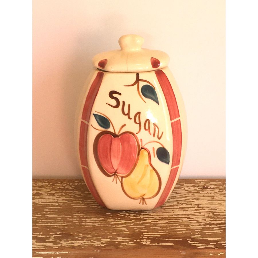 Purinton Slip Ware Pottery canister,Sugar,fruit,Apple,Pear,fruit kitchen canisters,ceramic canister,kitchen storage, added by Spoak Member