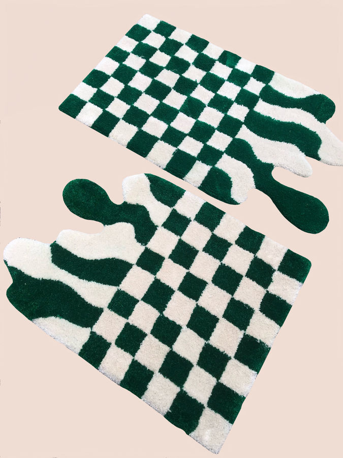 Green and Cream Checkered Drip Rug l Handmade Rug l Handtufted Rug added by Spoak 