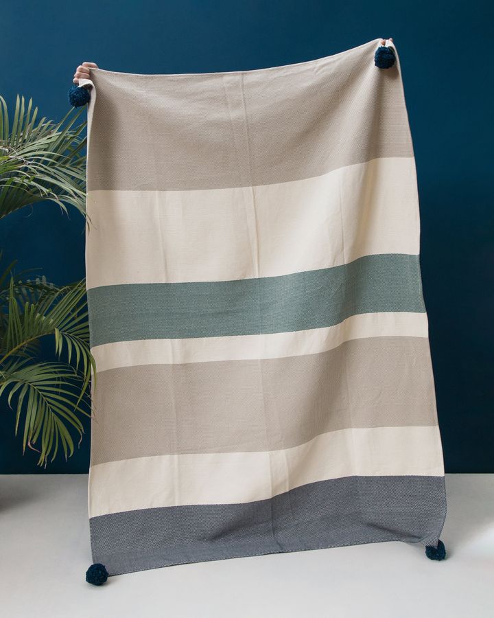 Multicolor Egyptian cotton handloomed pompom throw; sofa throw blanket; 130x170cm; 51''x69''; woven throw; living room decor; throws added by Spoak Member