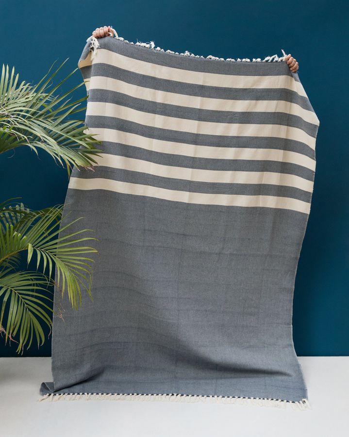 Navy Blue stripes Egyptian cotton handloomed pompom throw; sofa throw blanket; 130x170cm; 51''x69''; woven throw; living room decor; throws added by Spoak Member