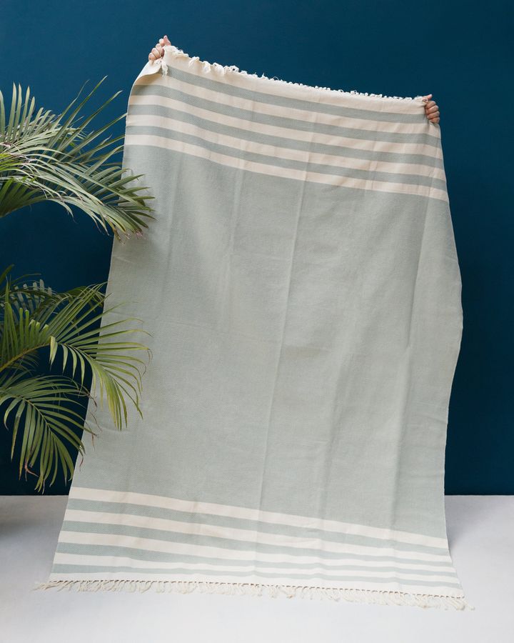 Green stripes Egyptian cotton handloomed pompom throw; sofa throw blanket; 130x170cm; 51''x69''; woven throw; living room decor; throws added by Spoak Member