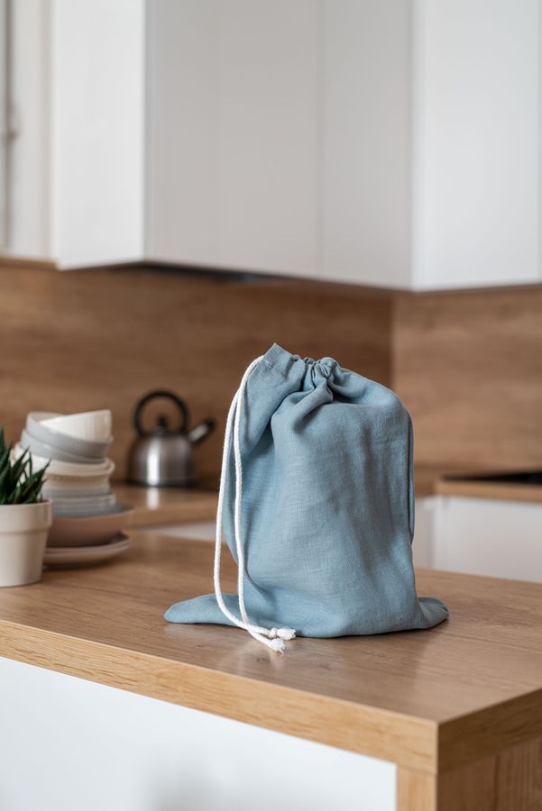 Reusable linen bread bag. Zero waste food storage bag. Sky blue drawstring bag. Sustainable food storage. Natural kitchen linens added by Spoak Member