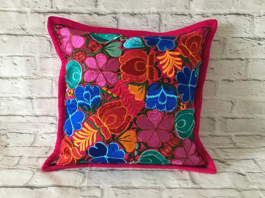 Handmade Pink & Multi-Colored Floral Embroidered Mexican 19" x 19" Pillow Cover - Mexican Embroidered Cushion Cover - Mexican Home Decor added by Spoak Member
