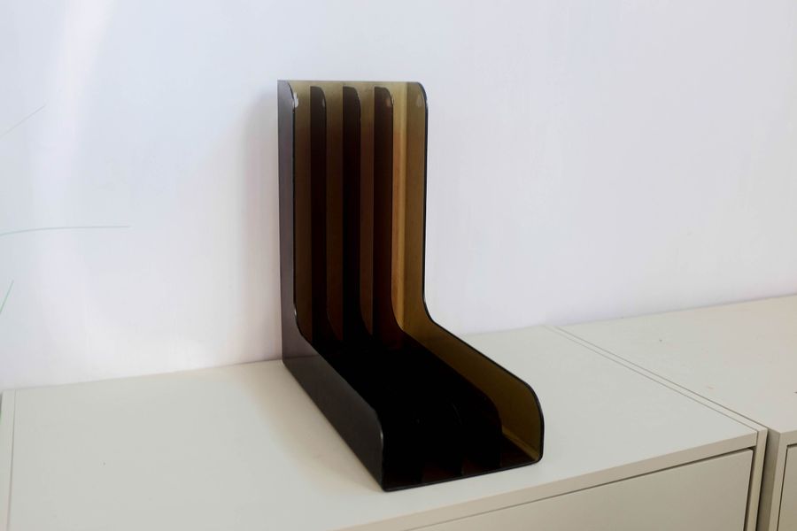 1970s, Mid-Century Vinyl Rack, Plastic Records Stand, Vintage record rack holder, brown transparent plastic added by Spoak Member