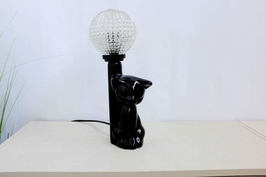 Black ceramic table lamp, cat with a glass ball, black added by Spoak Member