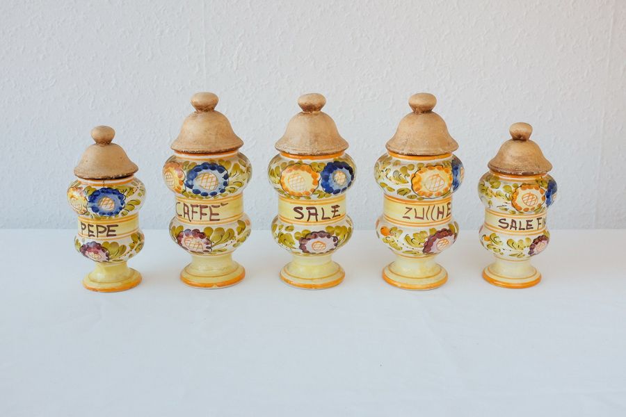 Full Set of 5 SPICE jars, Colorful Kitchenalia, cute Retro condiment barrels, hand-painted rustic ceramic storage jars added by Spoak Member