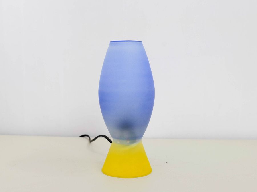Vintage glass Lamp, made in Holland, Desk Light, Table lamp, blue, yellow, glass Shade, Dutch design, 1980s added by Spoak Member