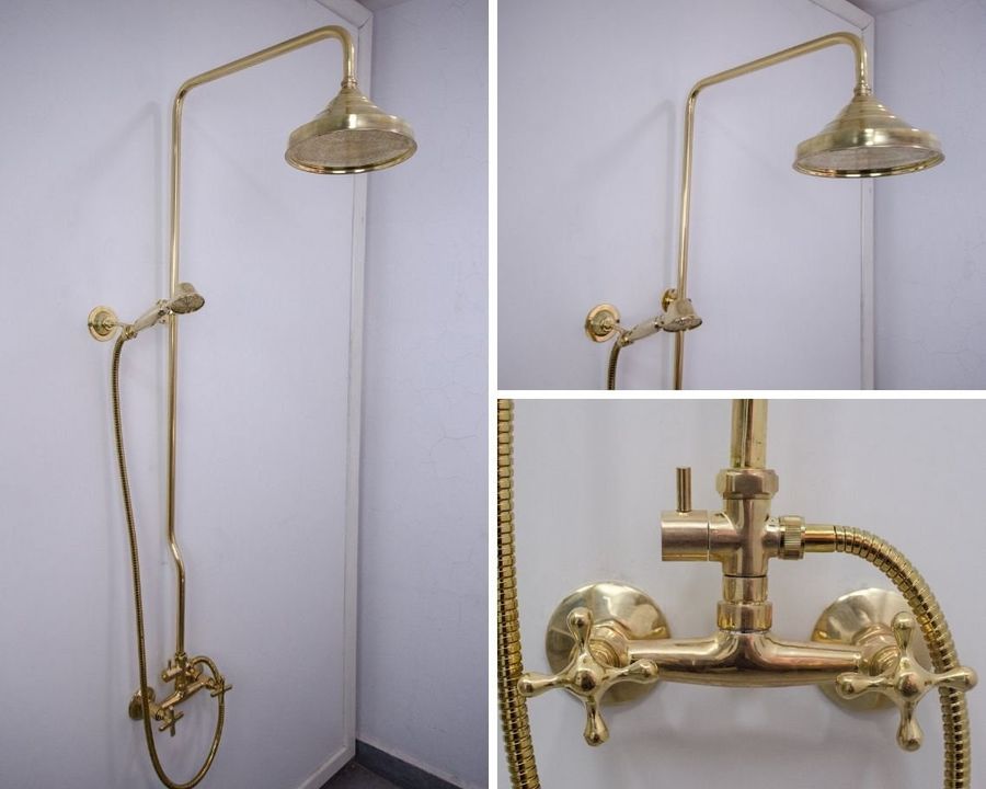 Unlacquered Brass Shower System with Handheld Shower, Round Shower Head, Exposed Pipe and simple cross handles added by Morgan Carey