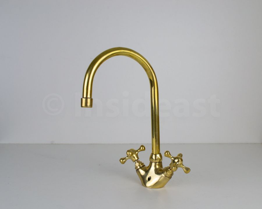 Gooseneck Bathroom Solid Brass Faucet, Unlacquered Brass Faucet with Simple Cross Handles & Aerator added by Morgan Carey