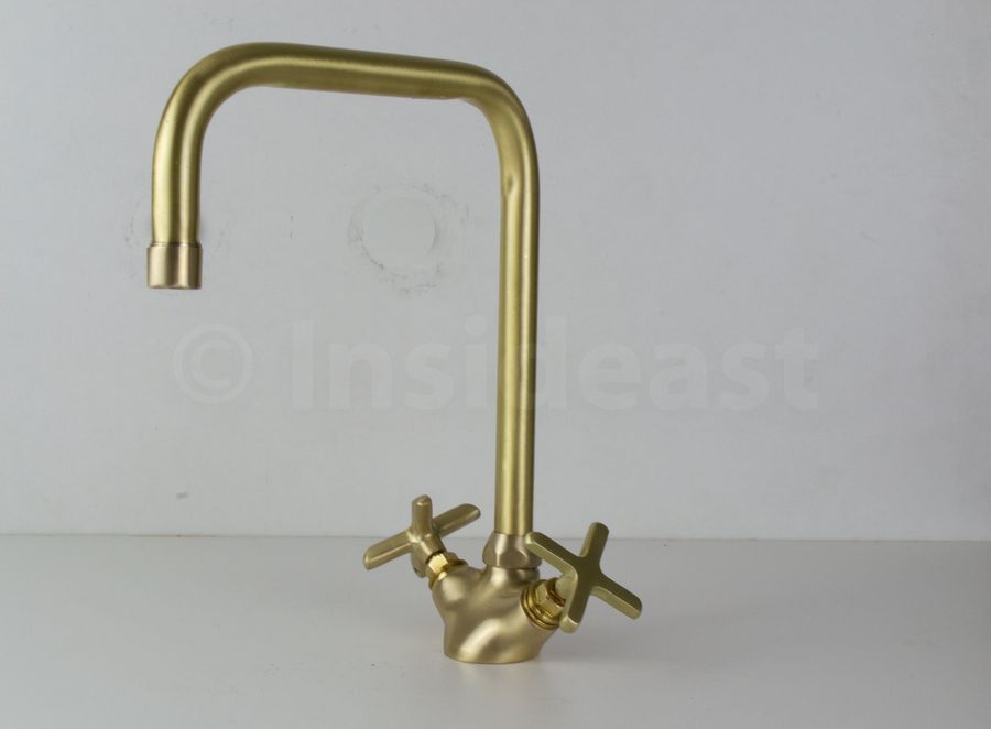 Bathroom and Kitchen Brass Faucet, Gooseneck Faucet, Moroccan Brushed Brass Faucet, Tap Kitchen Faucet With Vintage Flat Cross Handles added by Morgan Carey