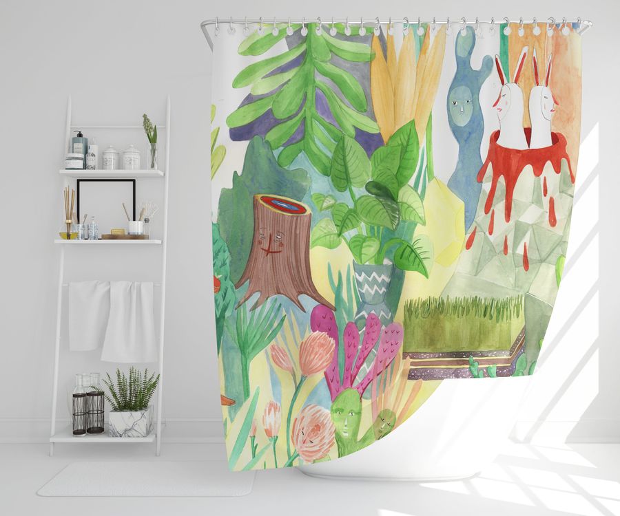 Shower curtain with jungle and tropical watercolor artwork made by canadian artist, water resistant and washable fabric, 71 x 71, unique art added by Spoak Member