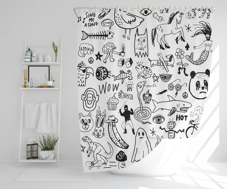 Black and white handrawn shower curtain print for bathroom, unique doodle design by canadian artist, water resistant and washable fabric added by Spoak Member