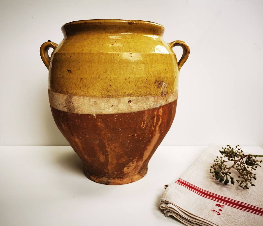 French antique confit pot, medium sized yellow glazed terracotta pot, traditional French indoor or outdoor planter, country home decor added by Spoak Member