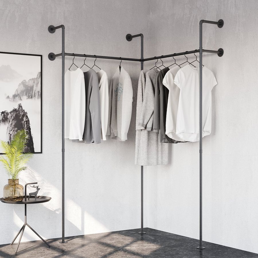Clothes rail corner Industrial Black | L-shape wardrobe pipes metal wall mounting | Wardrobe Wall Industrial Design – KIM II EDGE added by Kristi Kautz