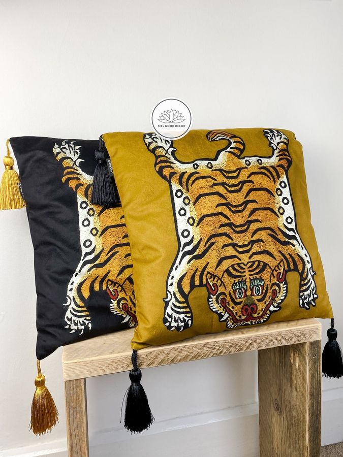 Tibetan Tiger Print Vintage Luxury Velvet Statement Pillow Cover (NO Filling) | Accent Throw Pillow With Tassels | Luxe Tiger Throw Pillow added by MK Alderman
