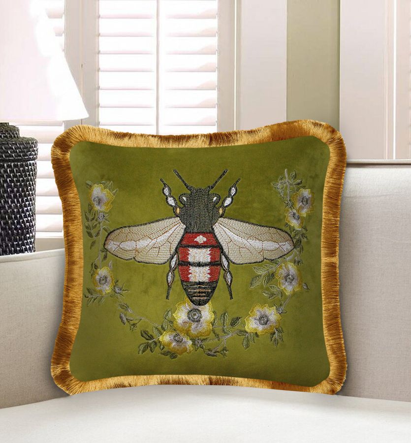 Olive Green Velvet Cushion Cover, Bee with Rose Embroidery Decorative Pillow, Home Decor Throw Pillow for Sofa Chair Living Room, 18x18 In. added by Spoak Member