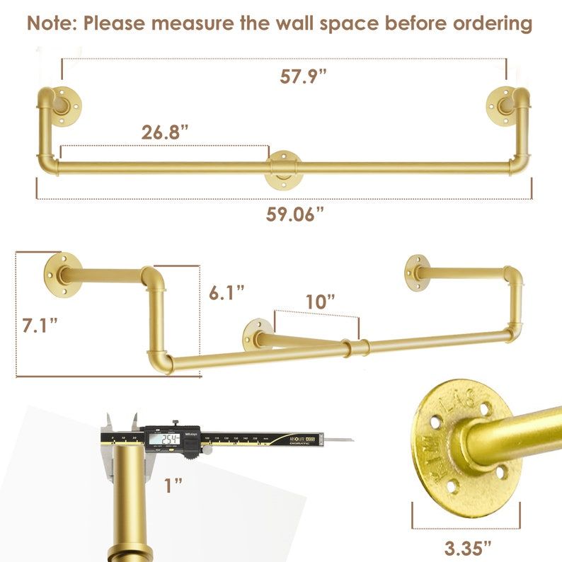 59in  Gold Industrial Pipe Clothing Rack Wall Mounted - Etsy added by Kate Lynn Nemett