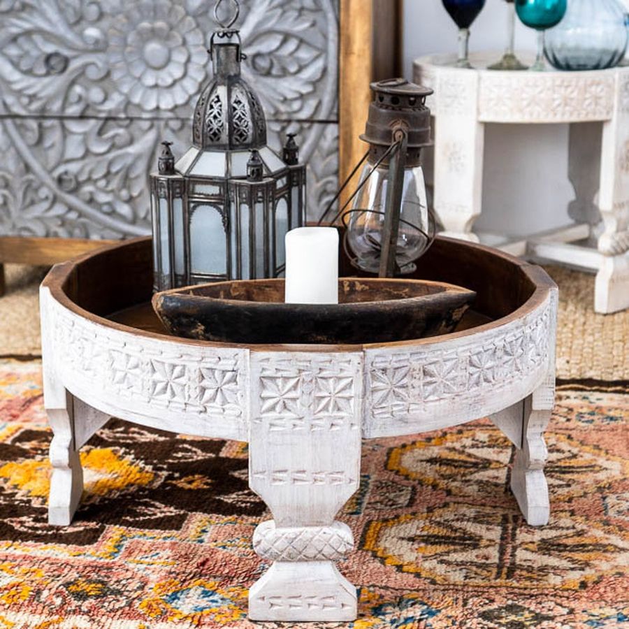 Hand Carved Round Shape Chakki Coffee Table Natural Carving - Etsy added by erika grossman