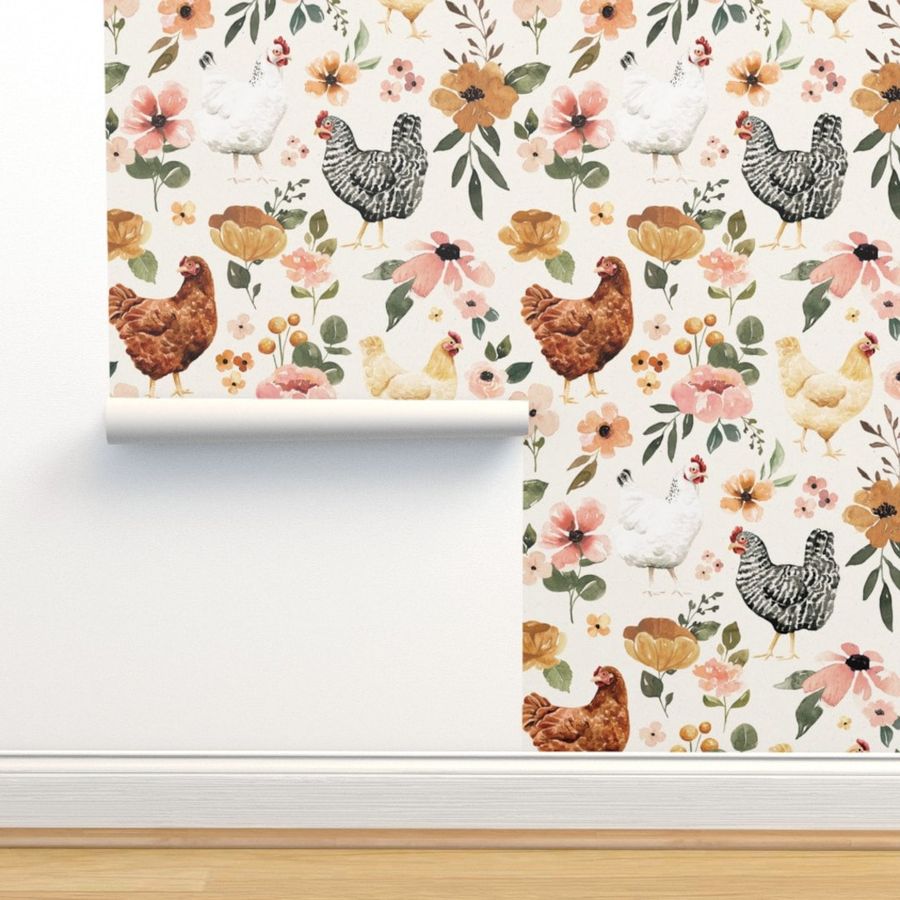Farmhouse Wallpaper  Watercolor Chicken Floral by - Etsy added by Jamie Moon