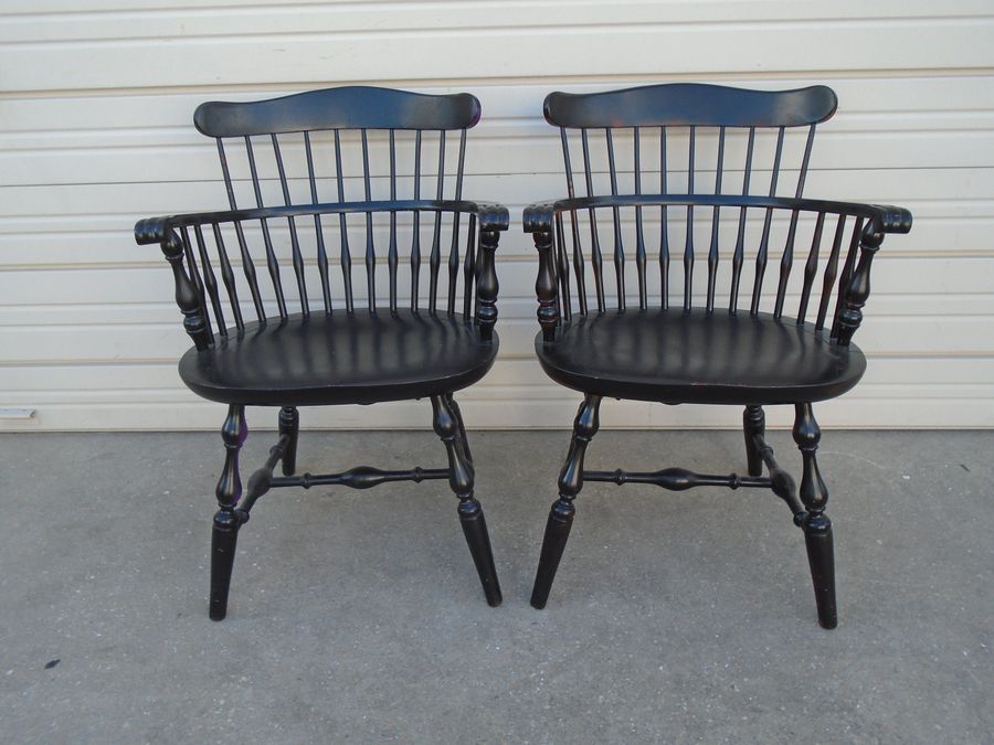 Pair Captain Chairs Nichols Stone French Country Fiddleback Spindles Craftsman Windsor Farm Duxbury Colonial Hollywood Regency Black Cottage added by Spoak Member