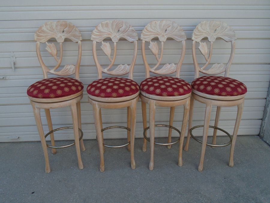 Iconic set 4 carved Lily Back Barstools Hollywood Regency Four Bar Stools Palm Beach Art Deco Lazani Phillis Morris style Tall chairs Four added by Spoak Member