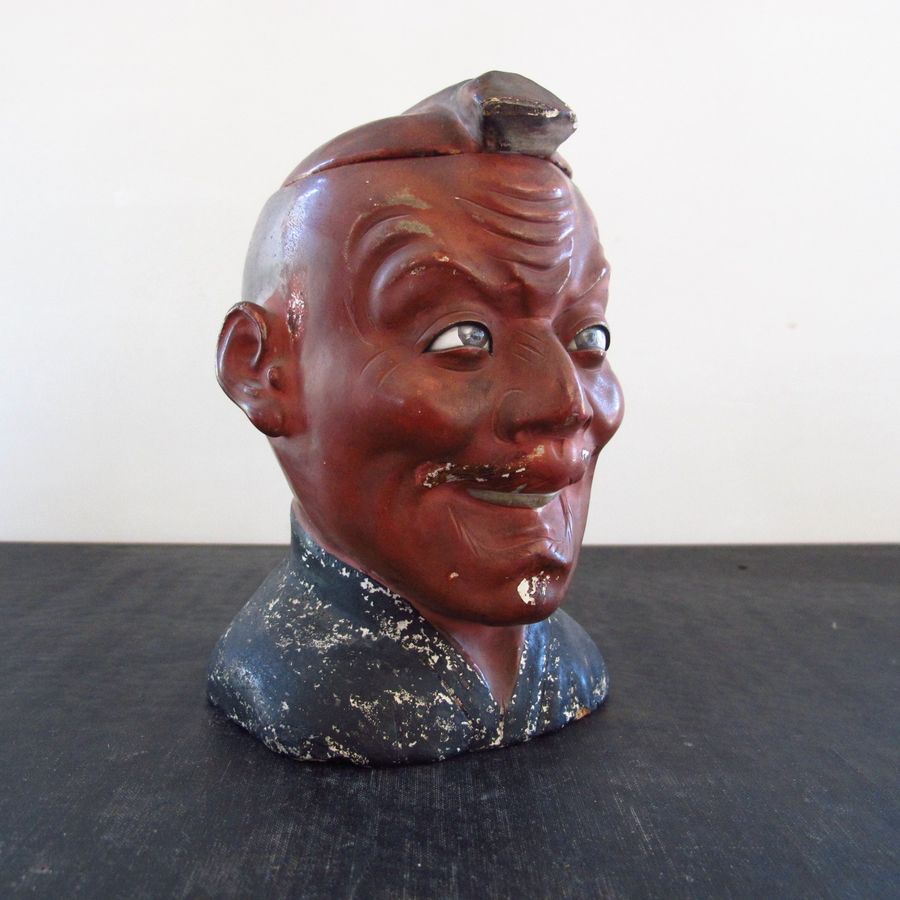 Humidor Meiji Japanese Lacquer Head Inset Glass Eyes 1880s 1890s Open Mouth Character Face Noh Armor added by Spoak Member